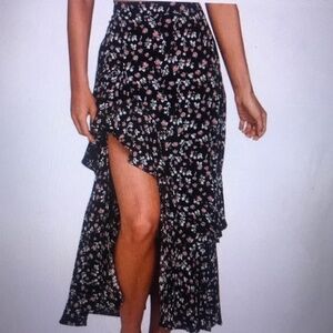 BTFBM Floral Asymmetrical slit Maxi Ruffled Flowy Skirt